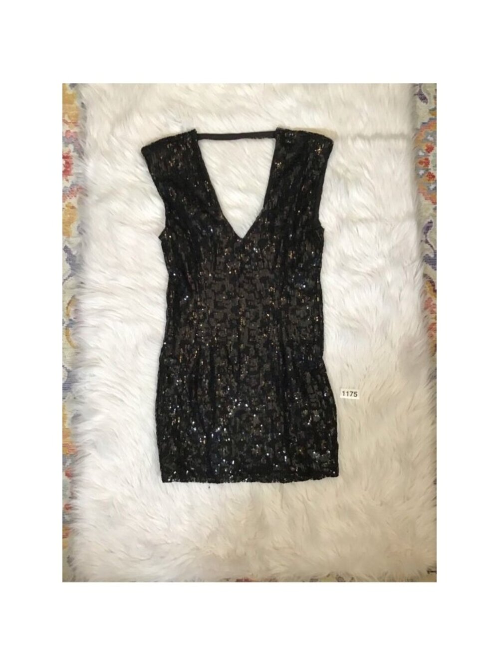 Forever 21 Womens Dress Black Sequins Back Zip Mini V Neck Party Sleeveless L